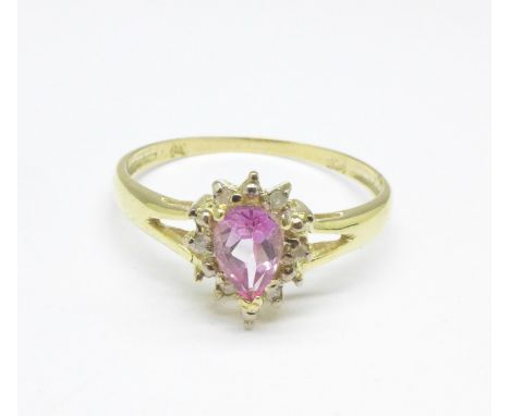 A 9ct gold, pink stone and diamond ring, 1.3g, O