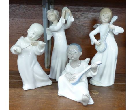 A Lladro cherub violin player and lute player and two Nao cherub figures, tambourine and banjo player, all a/f