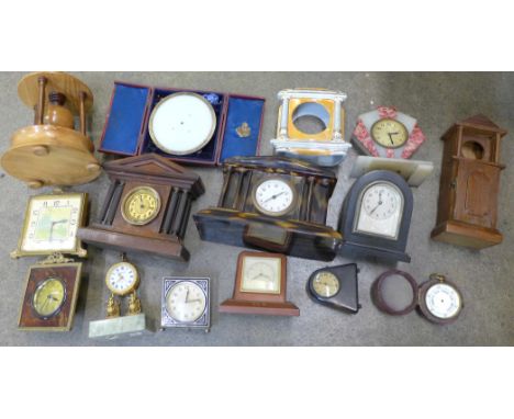 A collection of desk clocks including Angelus and Smiths, a miniature longcase clock, travel clocks and others