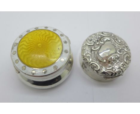 A silver and enamel pot and one other, enamel a/f, 45g