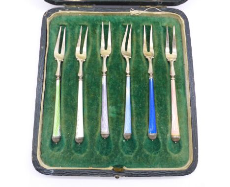 A set of six .925 silver and enamelled pickle forks, enamel a/f