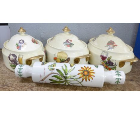 Three Sheridan tureens and a Portmeirion rolling pin