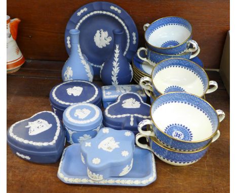 Ten items of Wedgwood Jasperware and six Wedgwood soup bowls and saucers
