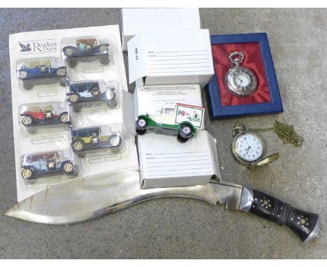 An Indian kukri lacking scabbard, two modern pocket watches and die-cast vehicles