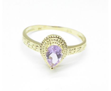 A 9ct gold, amethyst and diamond ring, 1.1g, O