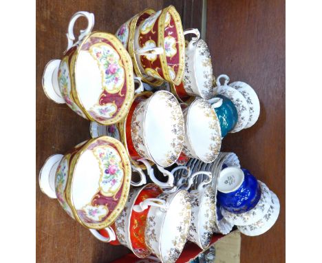 Six Royal Albert Lady Hamilton cups and saucers, and twelve Royal Albert Regal Series cups and saucers, (eight red, two blue,