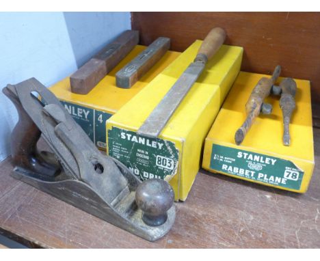 Tools; a Stanley No.4 plane, Stanley No.78 rabbet plane and Stanley No.803 hand drill, all boxed, a Stanley No.3 plane, two s