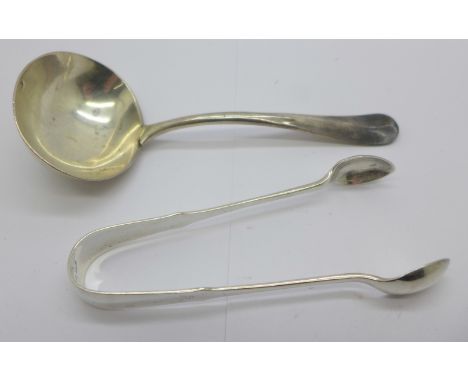 A silver ladle and silver tongs, 54.5g