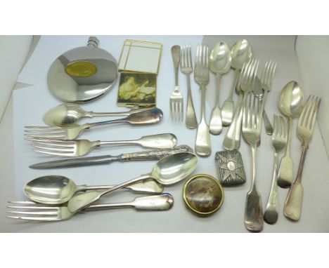 Plated spoons and forks, a plated vesta case, a Dalvey hip flask, compacts, etc.