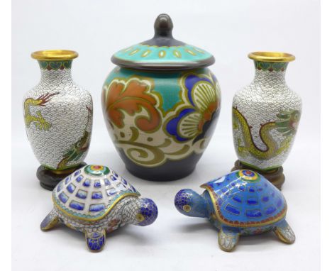 A pair of cloisonne vases, a Gouda lidded pot and two cloisonne tortoise trinket pots