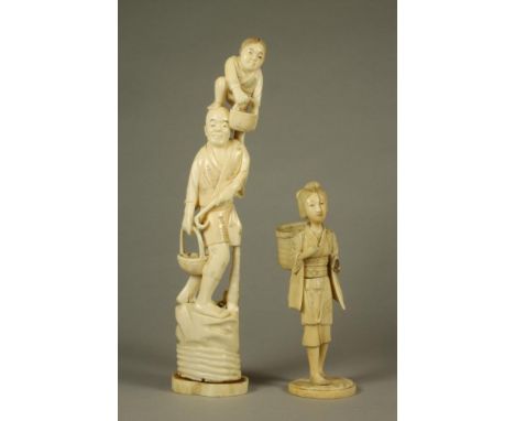 A JAPANESE IVORY ONE PIECE OKIMONO, Meiji period, of a fruit picker holding a hook in his left hand and basket in his right, 