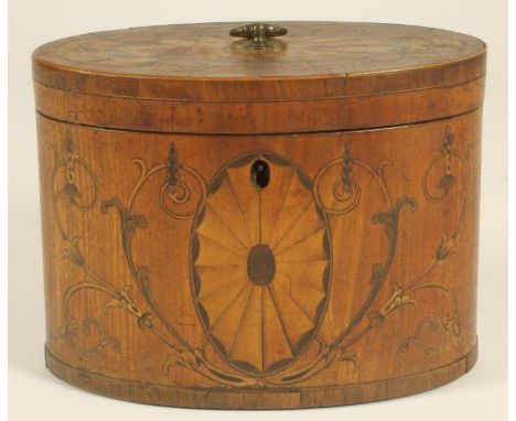 A GEORGE III MAHOGANY TEA CADDY, 18th century, of oval form crossbanded with stringing, the hinged lid with batwing marquetry