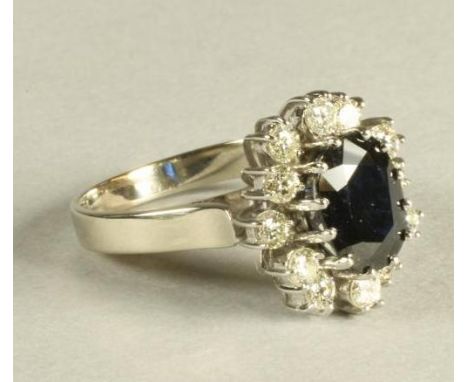 A SAPPHIRE AND DIAMOND CLUSTER RING, the central oval facet cut sapphire claw set to an undulating border of twelve claw set 