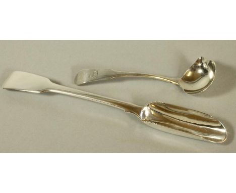A GEORGE IV SILVER CHEESE SCOOP, maker James Beebe, London 1826, in Fiddle pattern, 9 1/4" long, together with a similar Iris