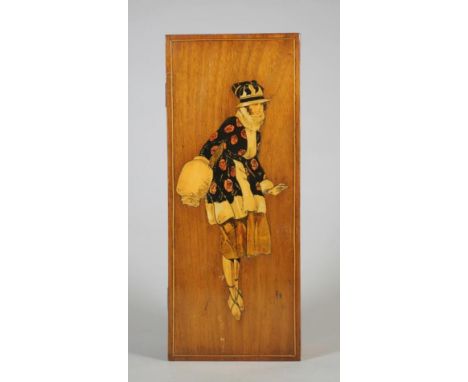 A PRISONER OF WAR MAHOGANY BOX, 1919, of plain oblong form, the hinged cover inlaid in a light wood with the full length figu