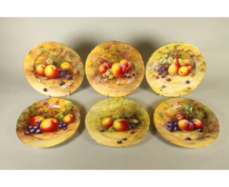 A SET OF SIX ROYAL WORCESTER CHINA TEA PLATES, 1923 (x3), 1924 (x2) and 1925, of shaped circular form, painted in polychrome 