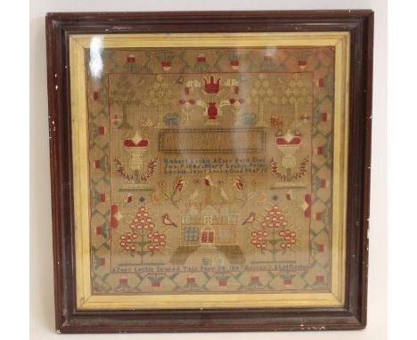 AN EARLY VICTORIAN SCOTTISH SAMPLER, worked by Agnes Leckie of Shettleston, dated November 24th 1847, in coloured wools in fu