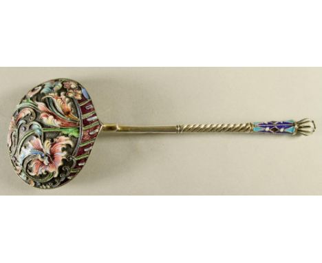 A RUSSIAN SILVER LADLE, early 20th century, the shallow circular gilded bowl with cloisonne enamel scrolling foliage on a mat