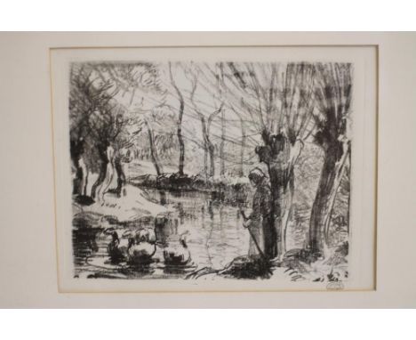 CAMILLE PISSARRO (French 1830-1903), "Gardeuse D'Oies", lithograph, unsigned, studio stamp, image size 5" x 6 1/2", framed