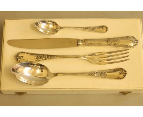 A FRENCH SILVER FOUR PIECE FLATWARE SET, maker St. Medard, modern, with foliate scroll double struck handles, comprising tabl