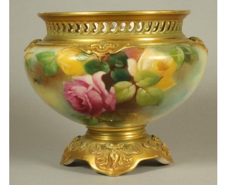 A ROYAL WORCESTER CHINA CACHE-POT, 1911, of squat globular form with wave pierced rim, painted in polychrome enamels by M. La