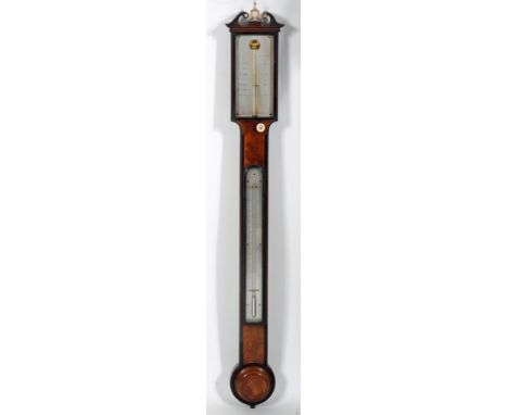 A MAHOGANY STICK BAROMETER, signed Cooper, London, with thermometer, silvered registers, the ebony banded case with scrolled 