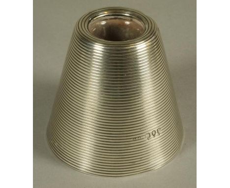 A LATE VICTORIAN NOVELTY INKWELL, maker George Henry James, London 1890, the ribbed tapering cylindrical body with fixed clea