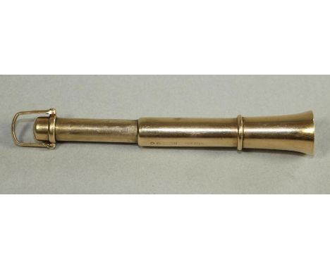 A 9CT GOLD CIGAR PIERCER, makers Sampson Mordan & Co., London 1935, in the form of a hunting horn with hanging loop and engra
