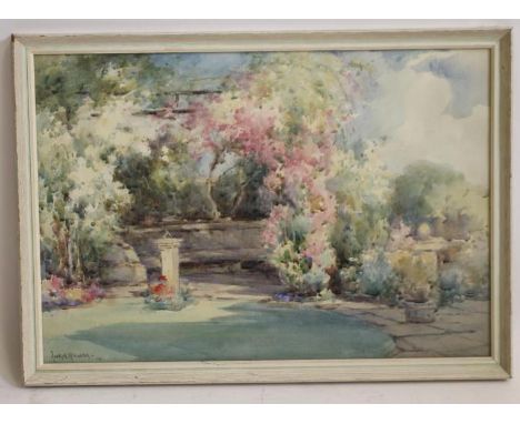 OWEN BOWEN R.O.I. P.R. Cam A (1873-1967), Summer Garden with Rose Bower and Sundial, watercolour and pencil, signed, 13 1/4" 