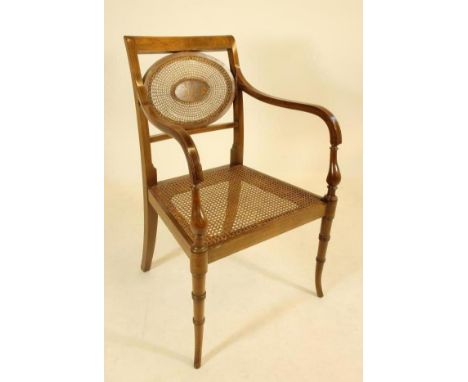 A GEORGIAN DESIGN MAHOGANY ELBOW CHAIR, 20th century, of "Montgomery" type with stringing and chequer banding, the back with 