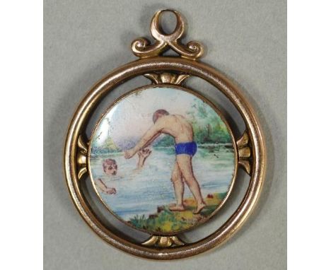 A 15CT GOLD AND ENAMEL MEDALLION, 1899, of open circular form with fixed hanging loop, centrally painted in coloured enamels 