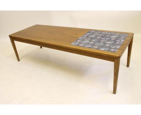 A DANISH DESIGN ROSEWOOD COFFEE TABLE, late 20th century, of rounded oblong form, the top with a square of inset ceramic tile