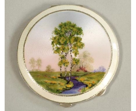 A SILVER COMPACT, maker H.C. Dewar, Birmingham 1950, of plain circular form, the guilloche enamel cover painted in colours wi