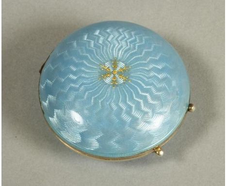 A CONTINENTAL SILVER AND ENAMEL PILL BOX, early 20th century, of cushion form with all over sky blue guilloche enamelling, ce