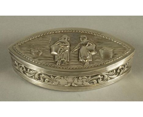 A SILVER SNUFF BOX, stamped 925, possibly Dutch, Chester import marks 1904, of eliptical form, the cover chased and repousse 