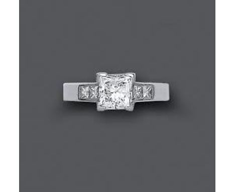 A SOLITAIRE DIAMOND RING, the princess cut stone of 1.51cts, claw set to shoulders each channel set with two small similar cu