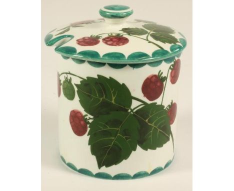 A WEMYSS POTTERY PRESERVE JAR AND COVER, early 20th century, of plain cylindrical form, painted in typical colours with logan
