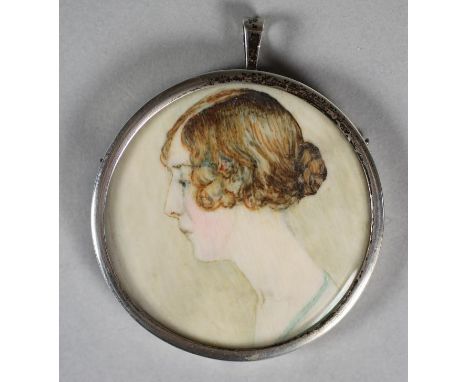 ENGLISH SCHOOL (Early 20th Century), A Lady, her hair up and wearing a jade green dress, ivory roundel, unsigned, 2 1/4" wide