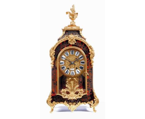 A FRENCH LOUIS XV STYLE RED BOULLE AND GILT METAL MANTEL CLOCK, c.1990, the twin barrel striking movement by Vincenti et Cie,