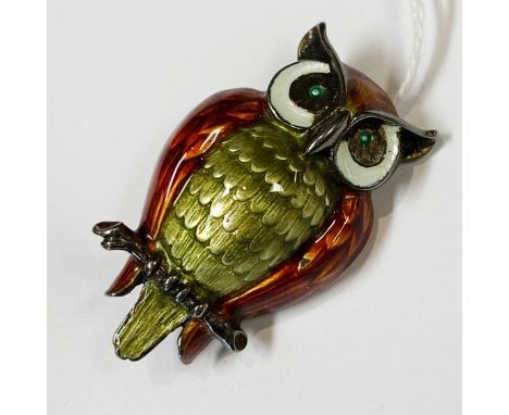 NORWEGIAN STERLING SILVER &amp; ENAMEL OWL BROOCH