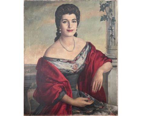 Francis Luis Mora (1874-1940). American. Oil on canvas. “Portrait Of A Lady With Pearls &amp; Red Shawl”. Signed.  Measures 6