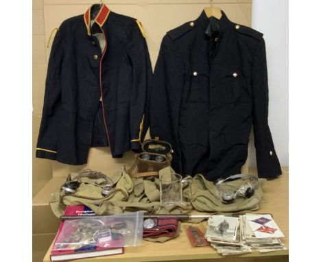 TWO MILITARY JACKETS & VARIOUS MILITARY-RELATED ITEMS INCLUDING POSTCARDS AND AN OFFICER SWAGGER STICK SWORD THE JACKETS ARE 