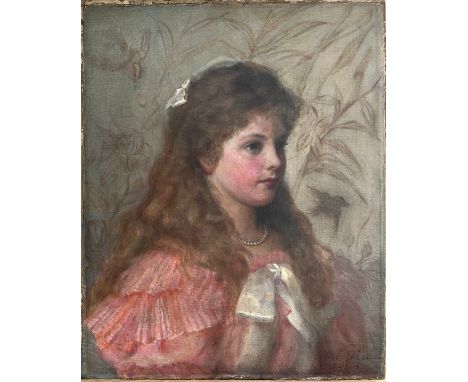 Annie Bell. British. Oil on canvas. “Portrait Of A Young Girl In A Pink Dress &amp; Bow”. Signed and dated.Measures 62cm x 75