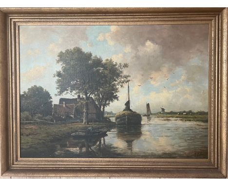 Adriaan Marinus Geijp (1855-1926). Dutch. Oil on canvas. “Dutch Landscape With Barge”. Signed.Measures 49cm x 69cm.Condition 