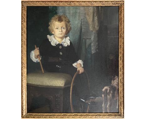 Fritz Schoen. (b1871) German. Oil on canvas. “Portrait Of A Boy With His Dog And Toys”. Signed.Measures 81cm x 94cm.Condition