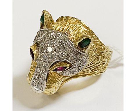 18CT GOLD DIAMOND, RUBY &amp; EMERALD CARTIER PANTHERE STYLE GENTS RING - SIZE V
