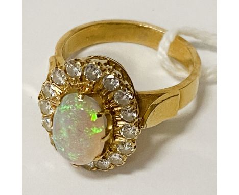 VINTAGE 18CT GOLD DIAMOND &amp; BOULDER OPAL RING - SIZE M 6.5 GRAMS APPROX