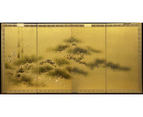 SIGNED JAPANESE SILK FOUR PANEL PAINTING 91CM (H) APPROX