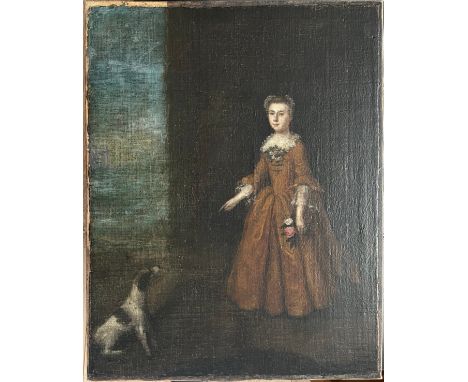 Early 18th Century School. Oil on canvas. “Portrait Of A Woman With Her Dog”Measures 41cm x 53cm.Condition Report – Has been 