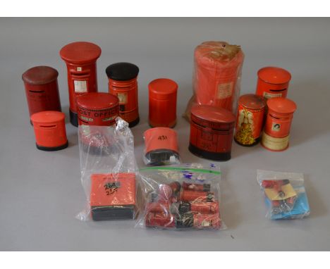 Quantity of assorted post boxes: five tin, by Chad Valley, Happynak and similar; eight plastic by Berwick and similar; 14 x d
